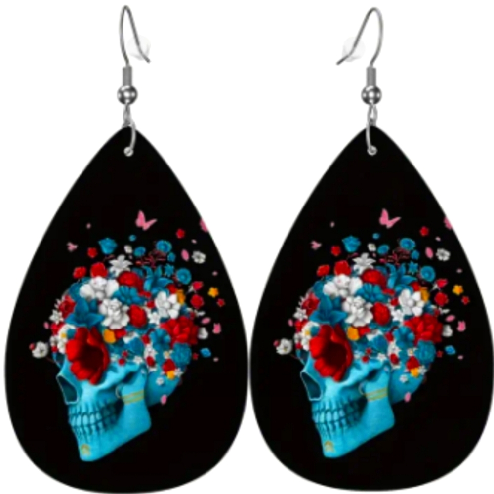 Black leather mind flower skull earrings